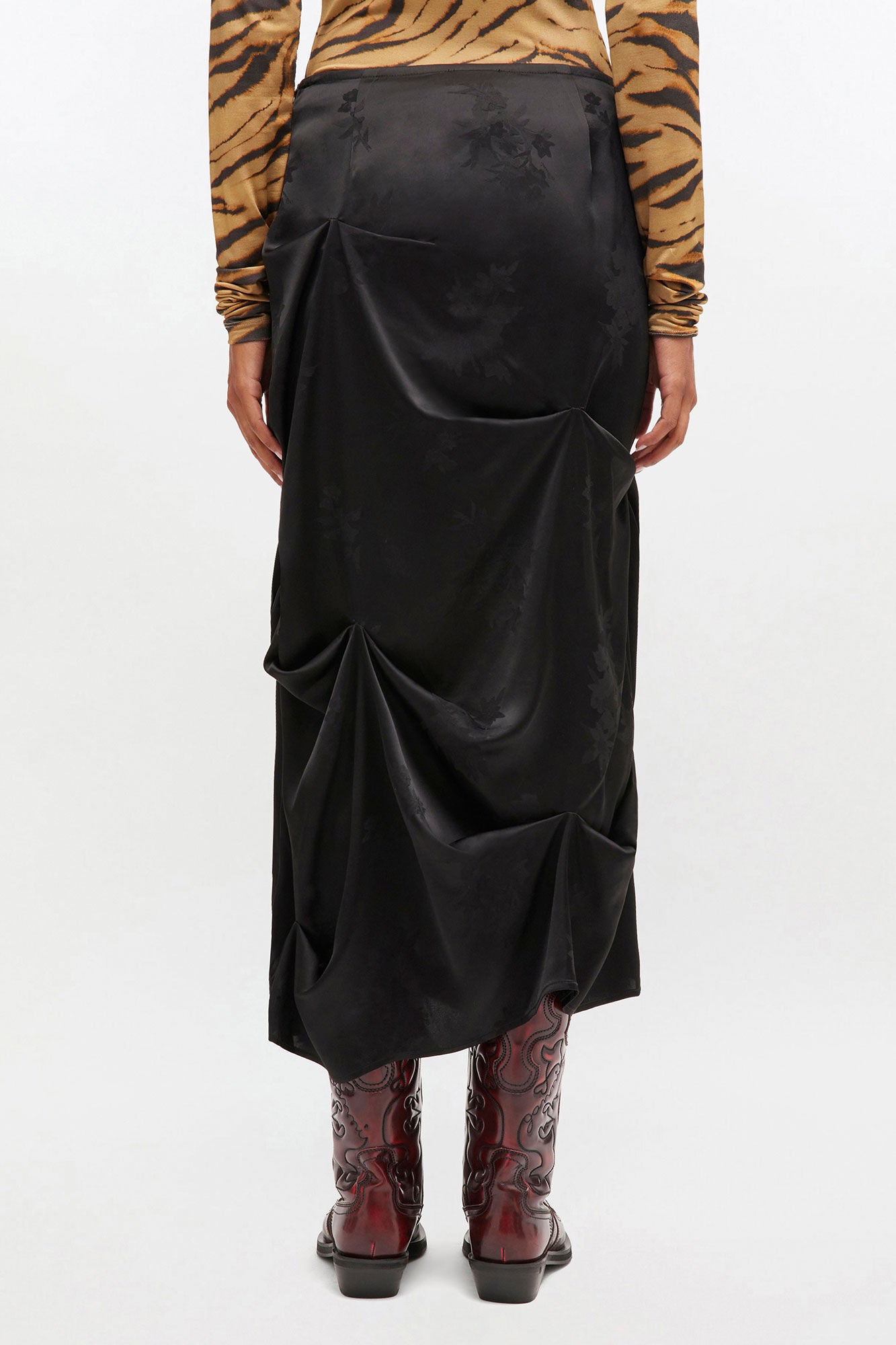 Double Viscose Satin Tuck Detail Long Skirt | Chicory Coffee