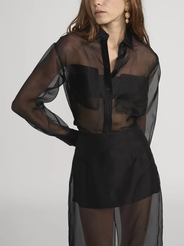 FRAME DENIM The Silk Organza Boy Shirt | Black LEO BOUTIQUE