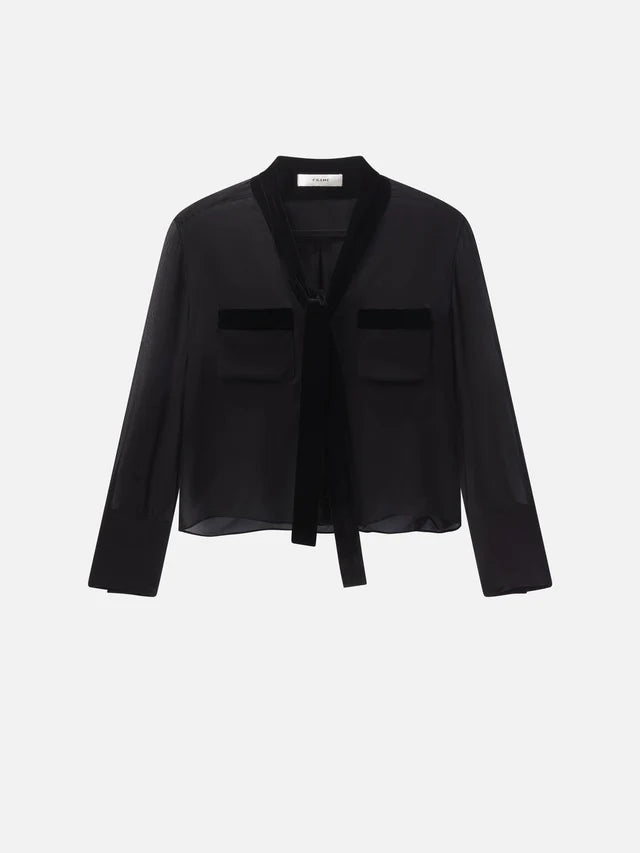 FRAME DENIM Velvet Trim Modern Tie Blouse | Black LEO BOUTIQUE