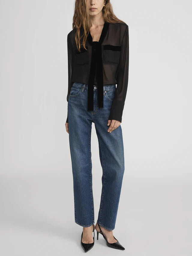FRAME DENIM Velvet Trim Modern Tie Blouse | Black LEO BOUTIQUE