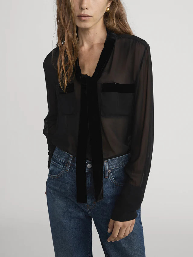 FRAME DENIM Velvet Trim Modern Tie Blouse | Black LEO BOUTIQUE