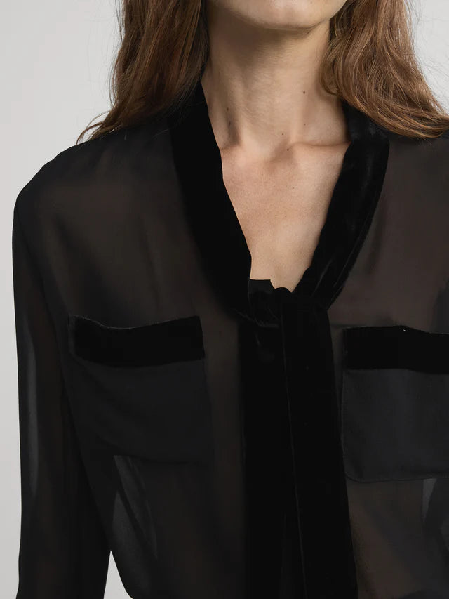 FRAME DENIM Velvet Trim Modern Tie Blouse | Black LEO BOUTIQUE