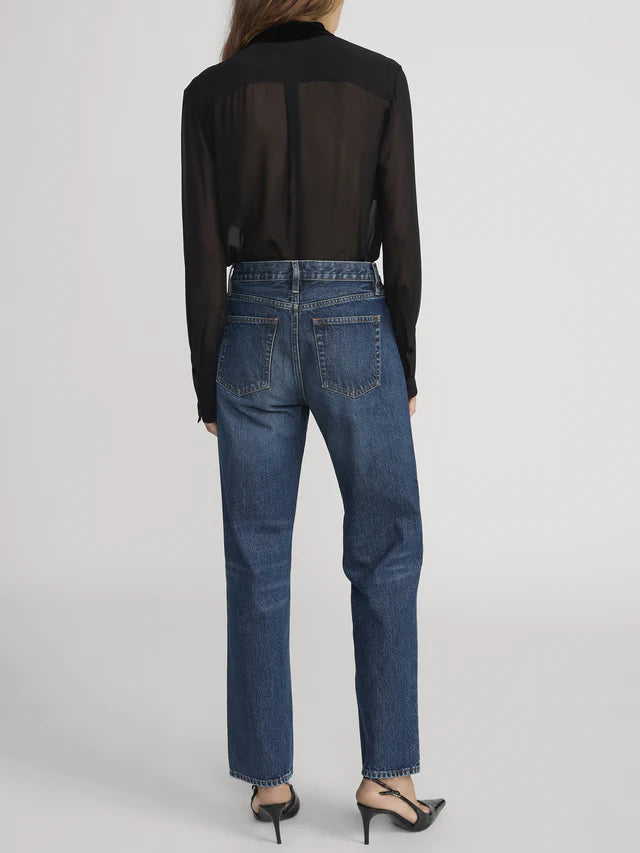 FRAME DENIM Velvet Trim Modern Tie Blouse | Black LEO BOUTIQUE