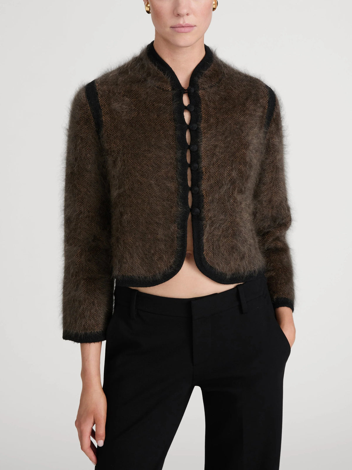 The Brushed Cashmere Salon Cardi | Taupe Multi Plaid