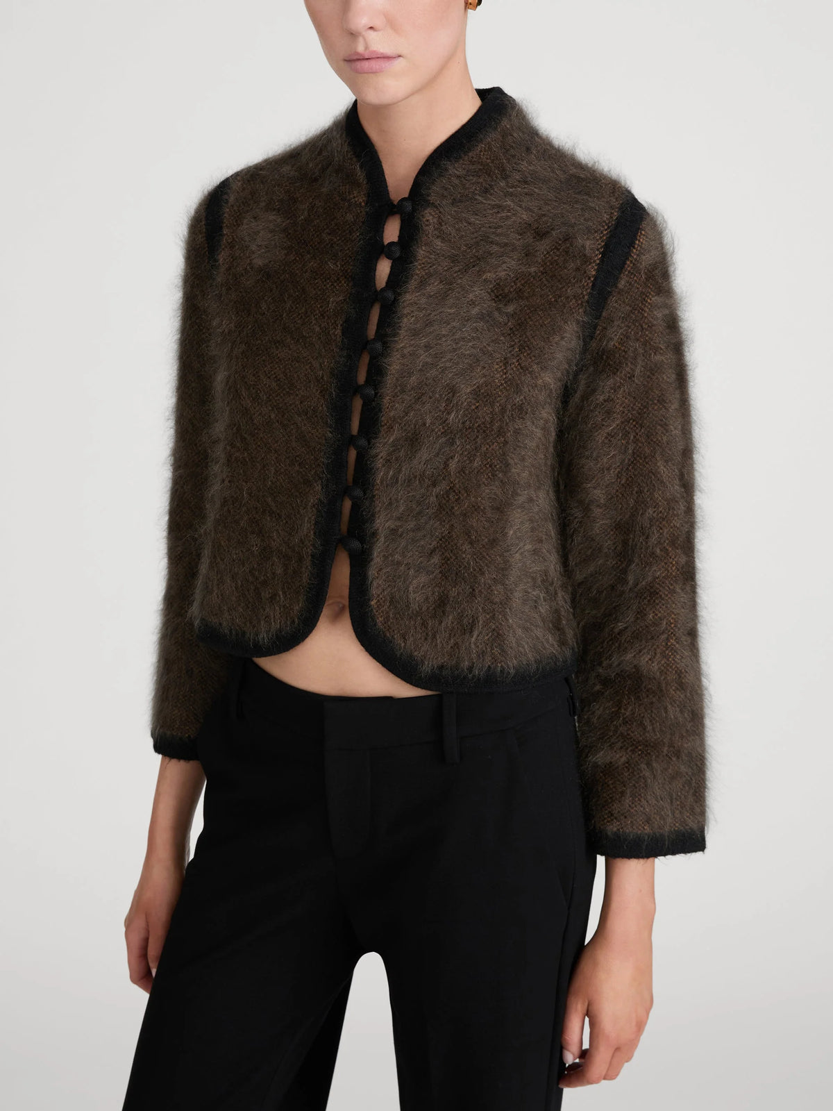 The Brushed Cashmere Salon Cardi | Taupe Multi Plaid