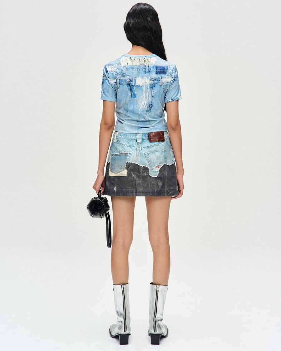 ANDERSSON BELL Faux Denim and Leather Printed Mini Skirt | Denim/Black LEO BOUTIQUE