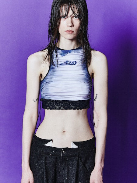 ANDERSSON BELL LISA WATERCOLOUR SPRAYED LOGO SHIRRING TOP LEO BOUTIQUE