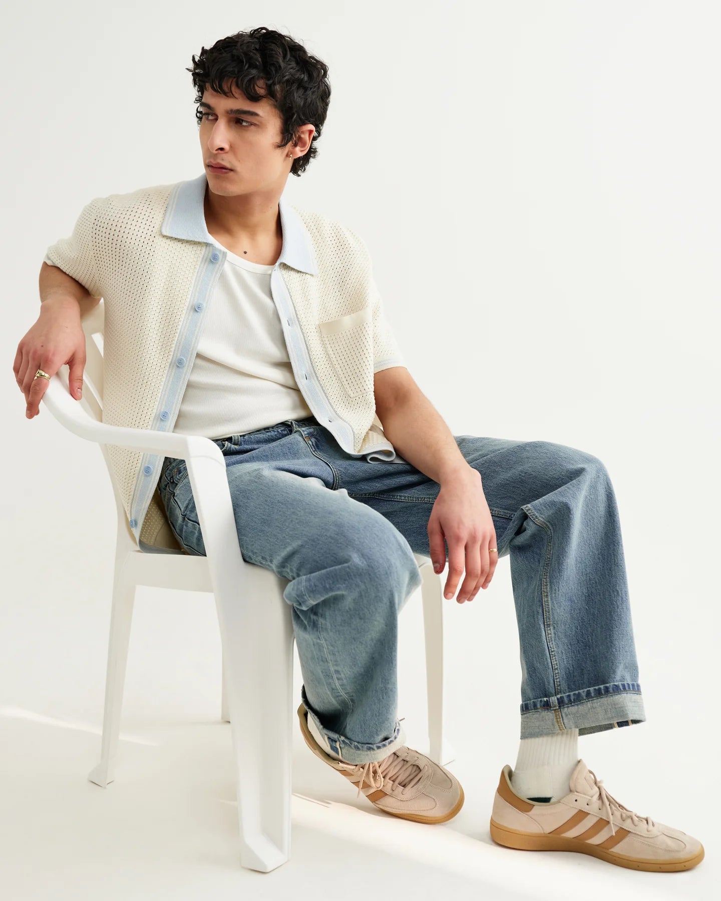 WAX LONDON Belle Shirt | Tipped Pointelle | Ecru / Pale Blue LEO BOUTI…