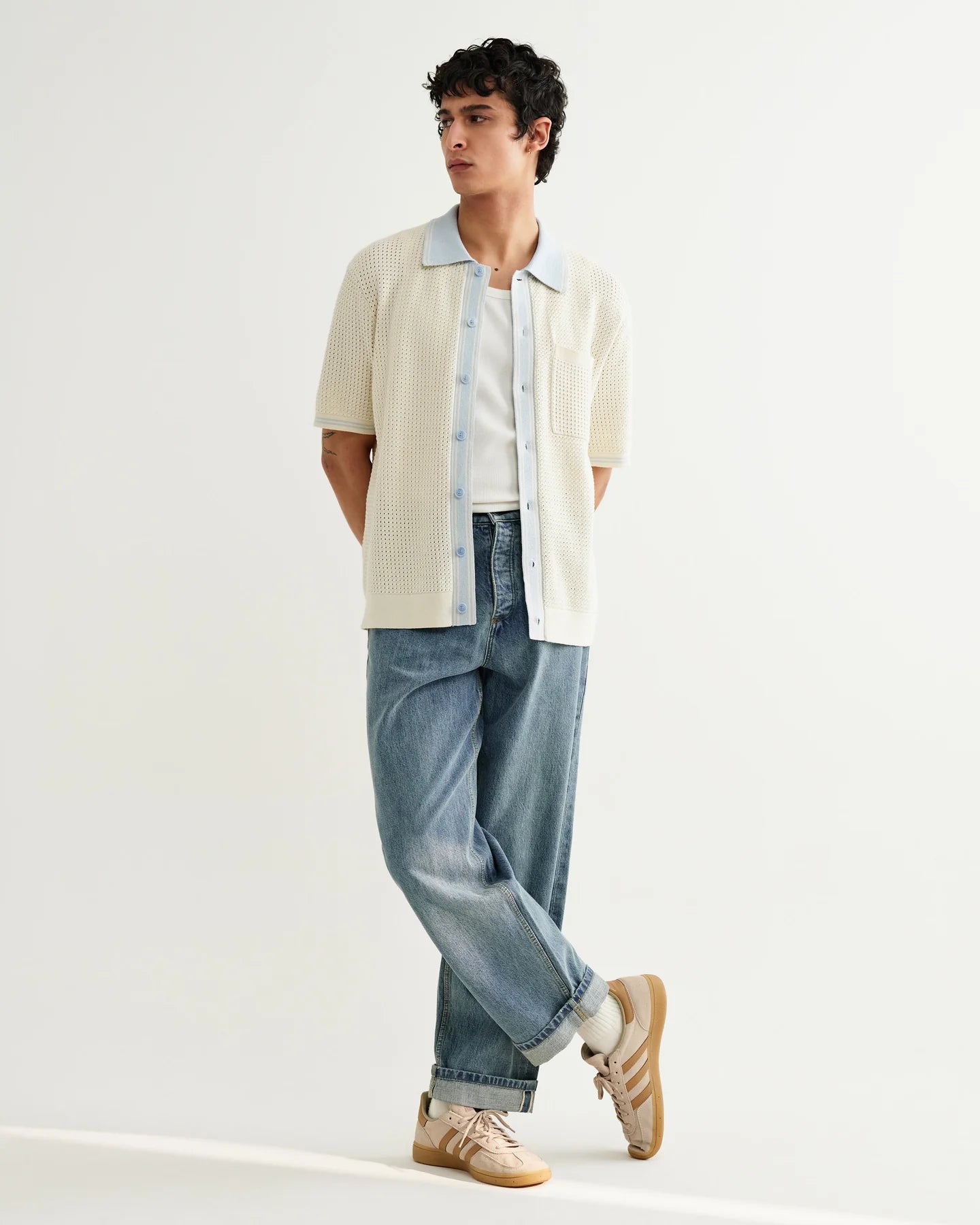 WAX LONDON Belle Shirt | Tipped Pointelle | Ecru / Pale Blue LEO BOUTI…