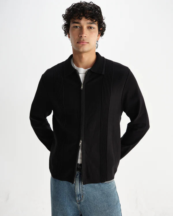 WAX LONDON Lennox Zip Polo Milano Ripple Stripe | Black LEO BOUTIQUE