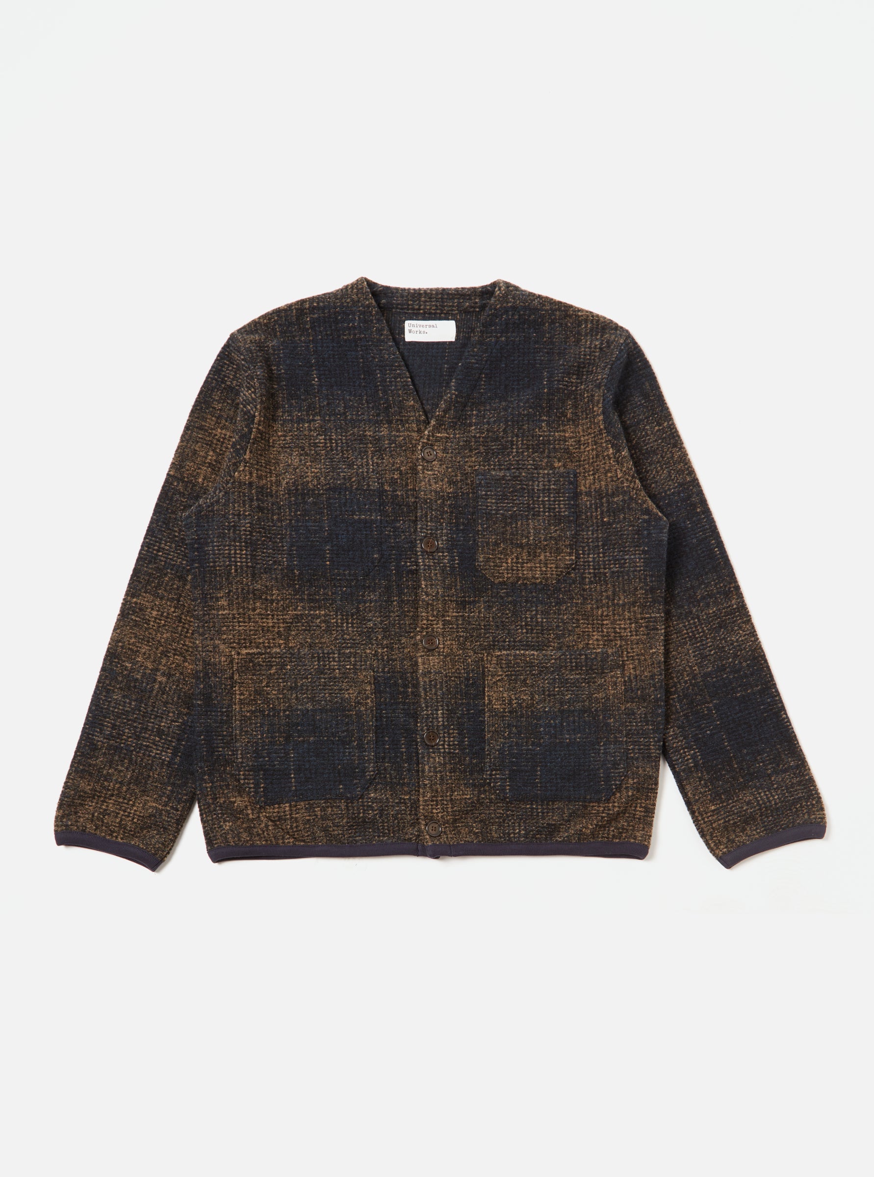 UNIVERSAL WORKS Check Fleece Cardigan | Navy/Sand Check LEO BOUTIQUE