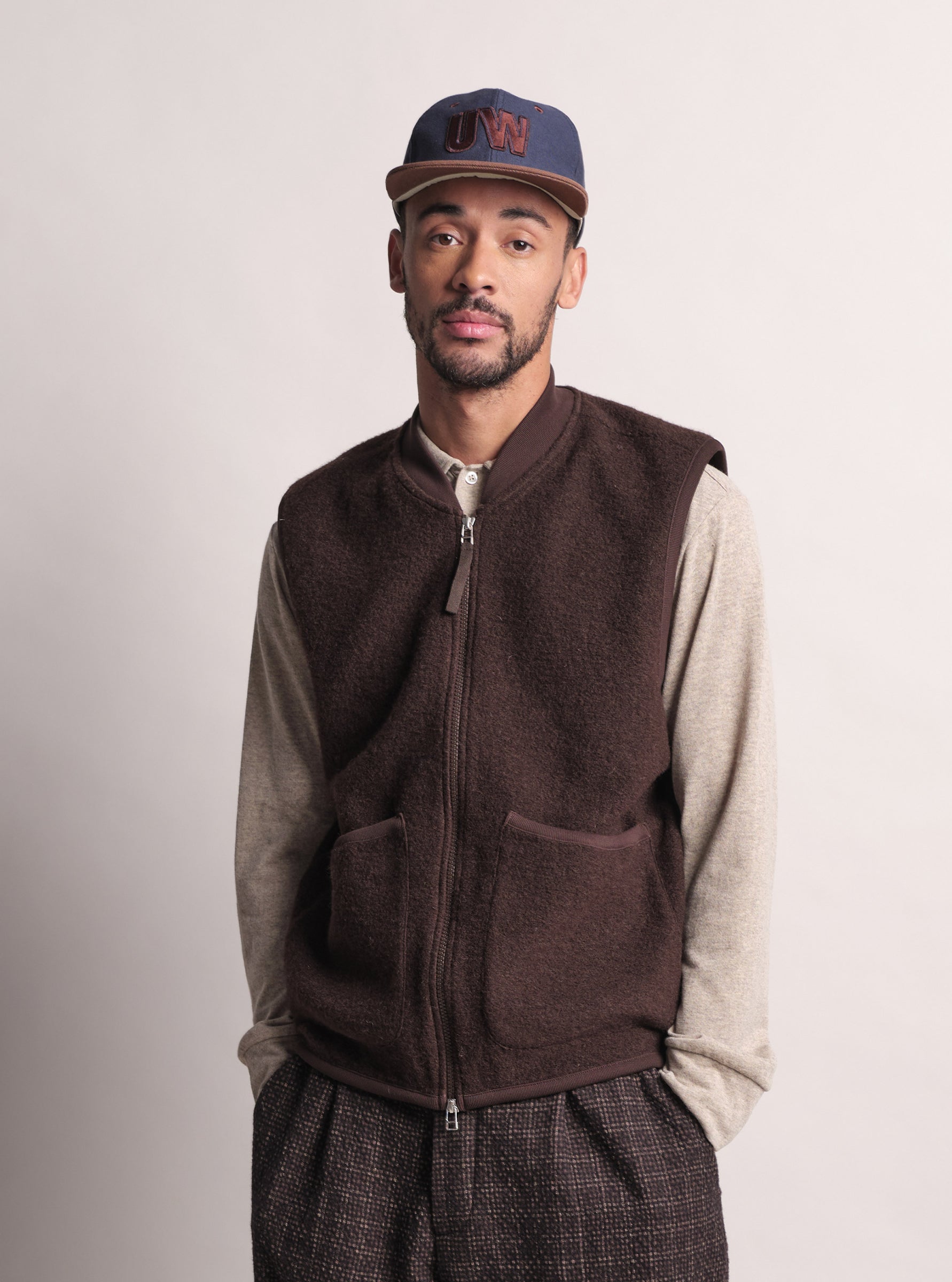 UNIVERSAL WORKS Zip Waistcoat | Brown LEO BOUTIQUE