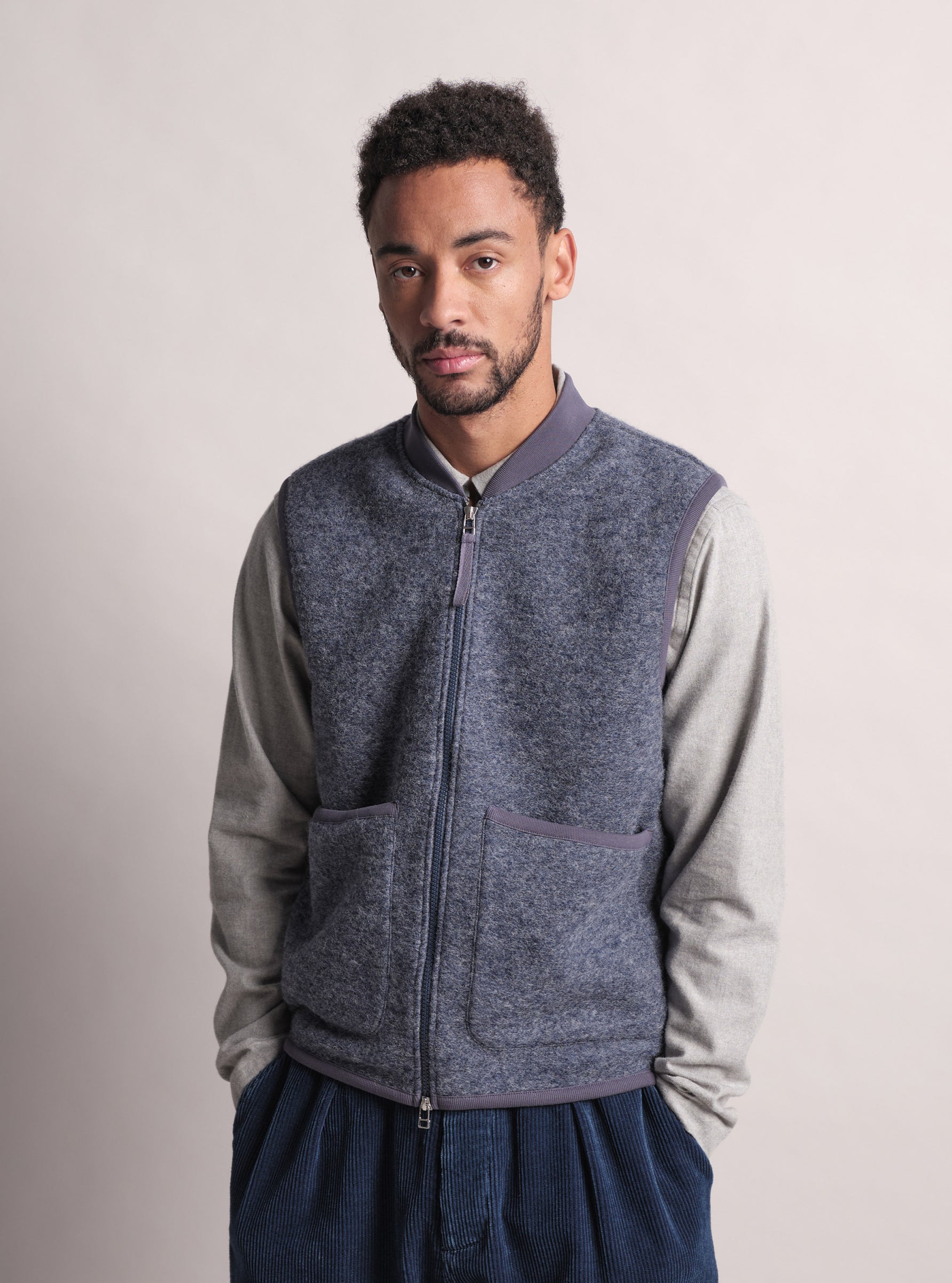 UNIVERSAL WORKS Zip Waistcoat | Slate Blue LEO BOUTIQUE