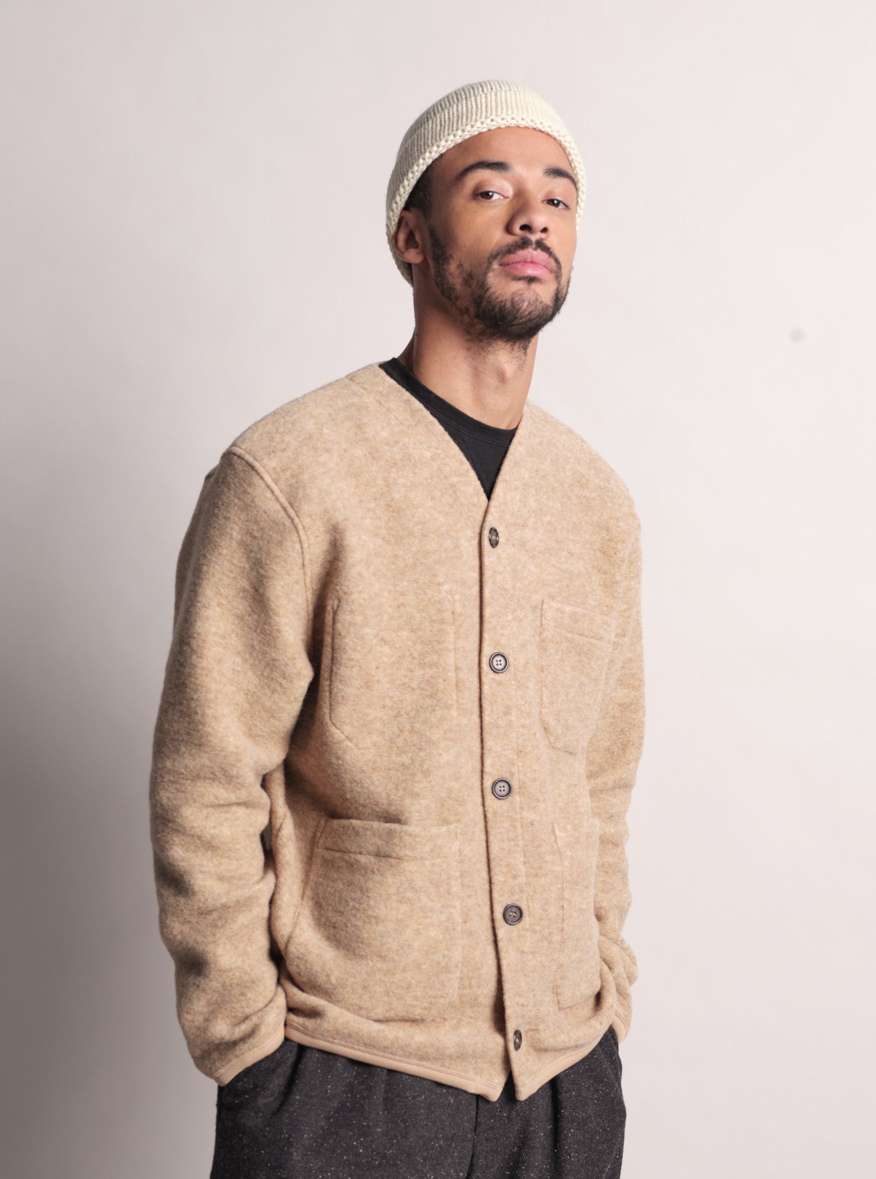 UNIVERSAL WORKS Wool Fleece Cardigan | Fawn LEO BOUTIQUE