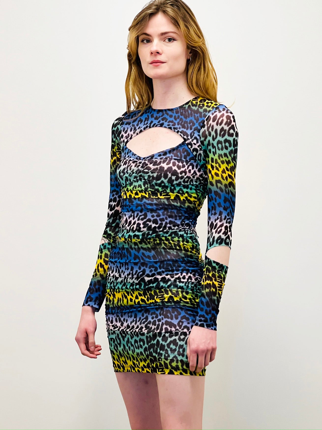 GANNI LEO BOUTIQUE Printed Mesh Cutout Mini Dress Multi Print